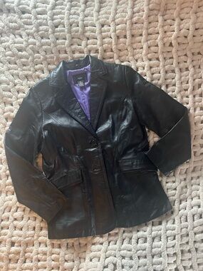 Massimo Black Leather Blazer with Purple Lining